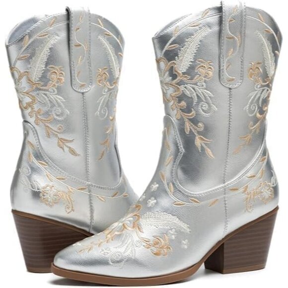 🆕 Cowboy Boots Woman Silver Chunky Heel Leather Embroidered Western Booties - Picture 2 of 6